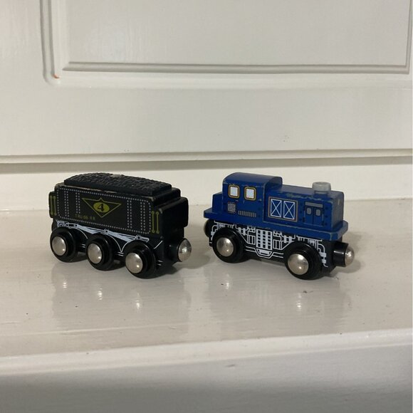 Two Imaginarium Wooden Train Set Blue Engine Locomotive Black Coal Tender Car - Picture 1 of 3